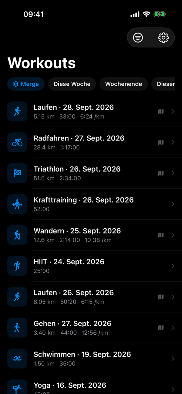 Weave Workout-Liste mit Merge-Tab