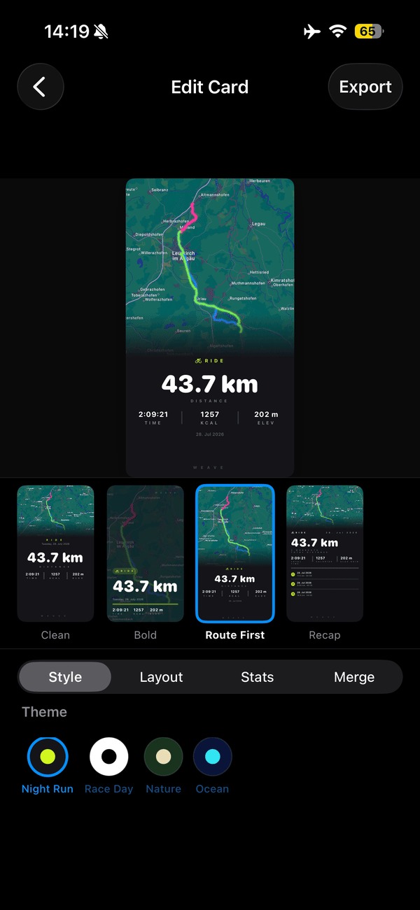 Weave card editor showing four templates and a route map